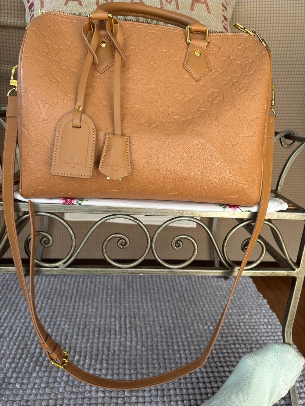 Designer inspired Caramel Monogram Empreinte Leather Satchel